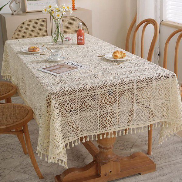 American style pastoral crochet table cloth woven hollowed out table cloth tassel cover table cloth beige hollowed out cloth table mat 