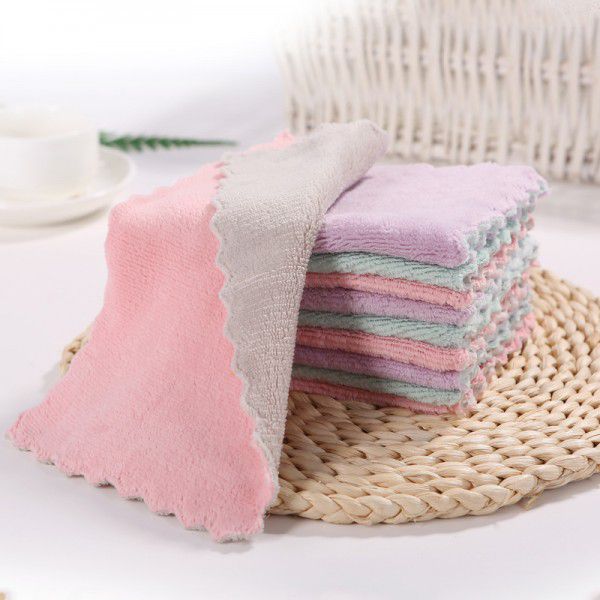 Coral wool thickened absorbent rag dishwashing and wiping table double-layer two-color cleaning cloth kitchen cleaning towel without hair loss 